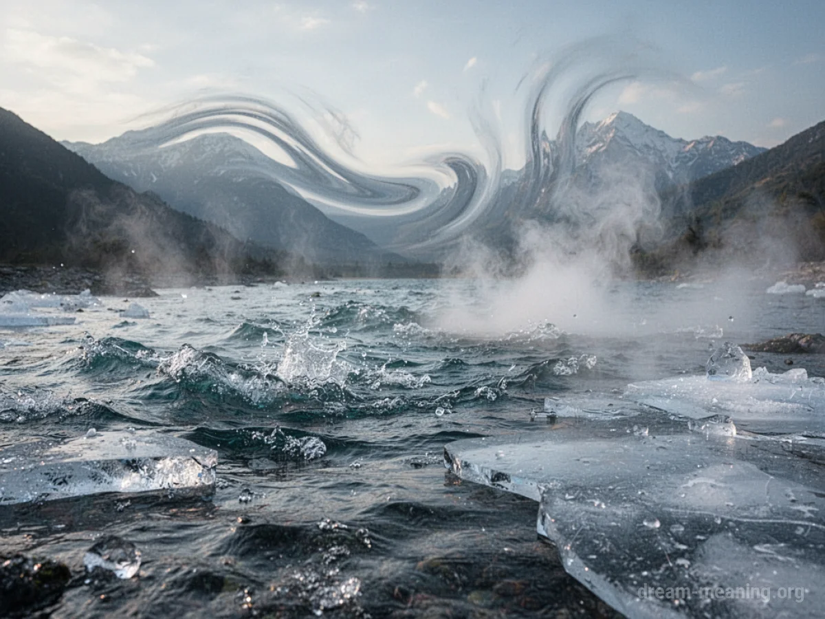 A landscape with several natural elements undergoing visible transformations.