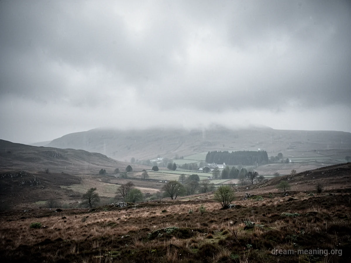 A landscape with a gray, overcast sky and muted, desaturated colors.