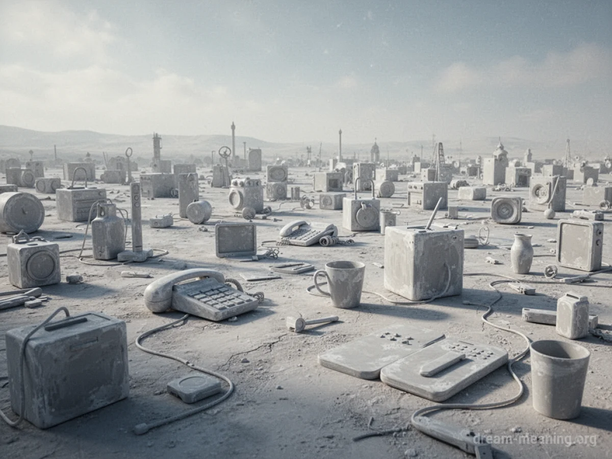 A landscape filled with identical, unfinished replicas of common objects.