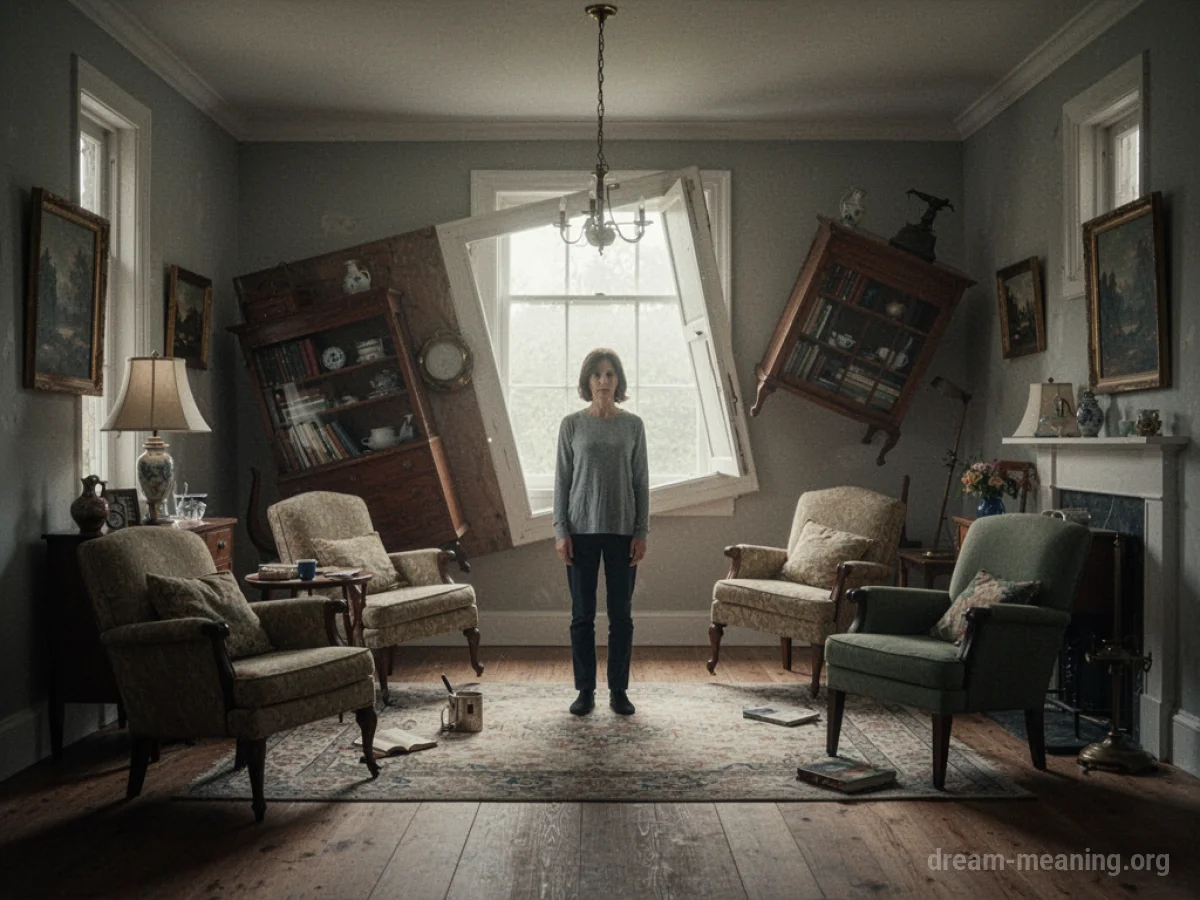 A room with furniture tilted on its side and ceiling.