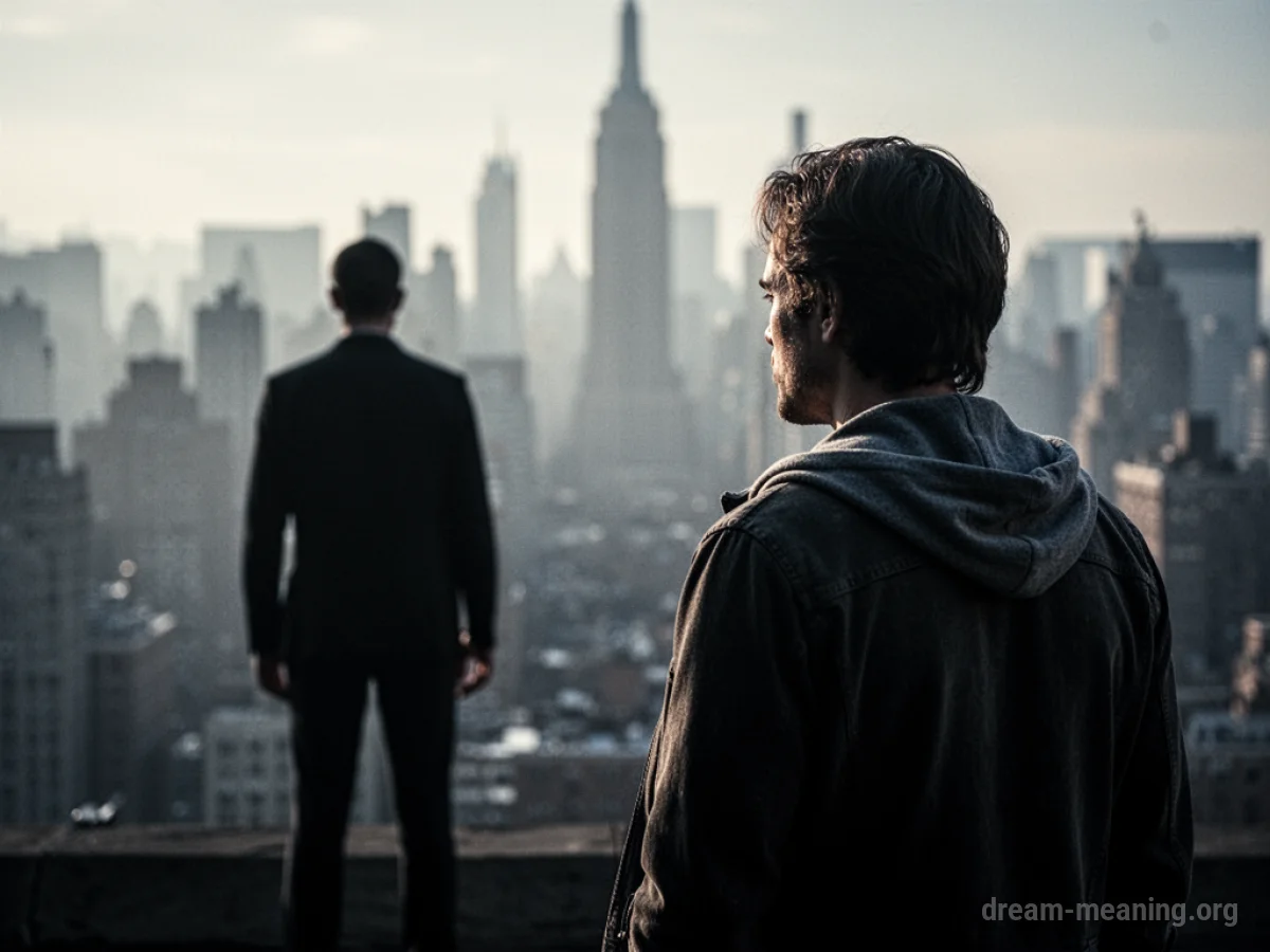 A silhouette of a person facing away from another figure.