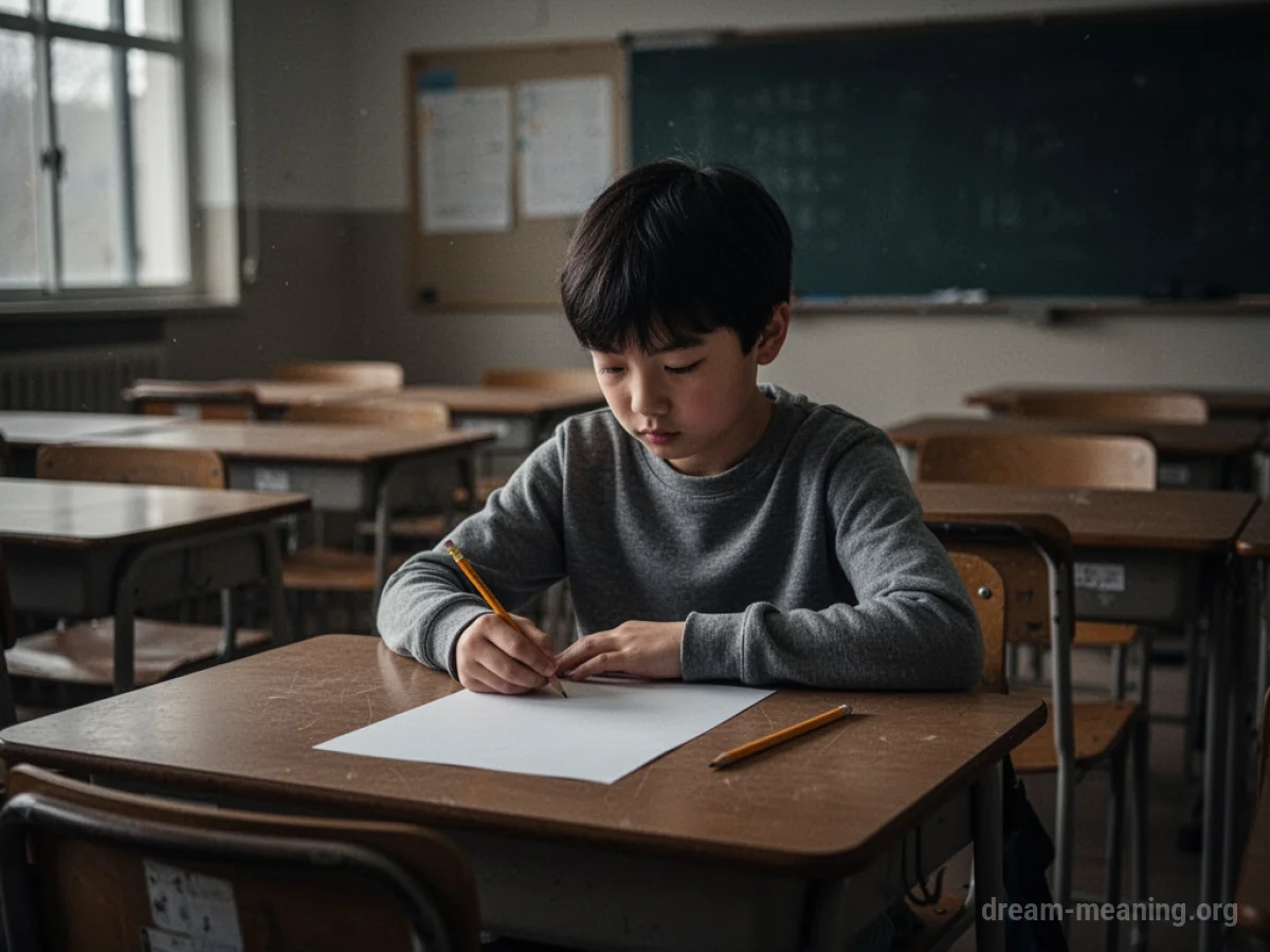 A student sits alone at a desk in an empty classroom facing a blank paper.