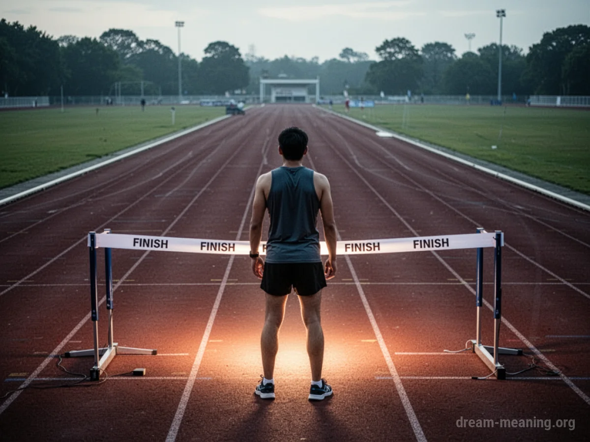 A runner crossing a finish line, with a long track visible behind them.