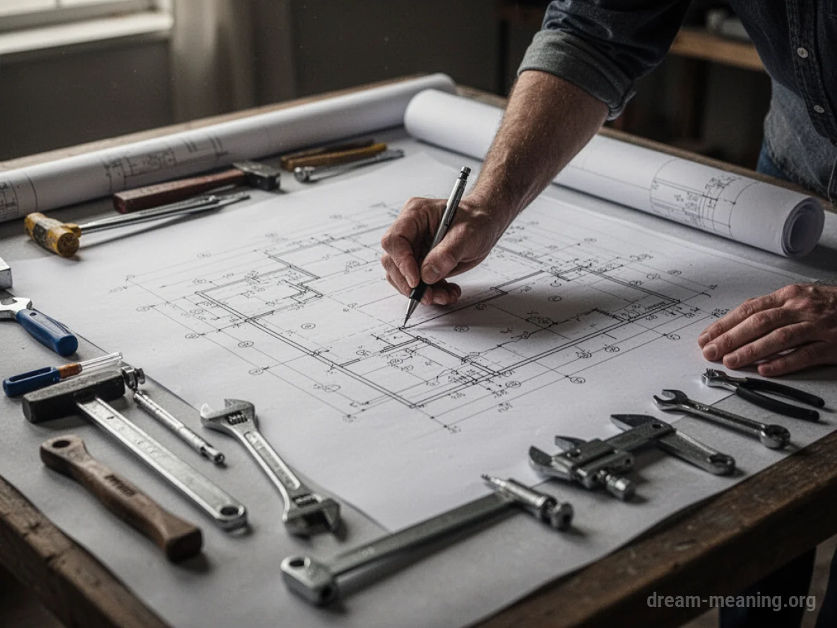 A hand drawing a blueprint on a table.
