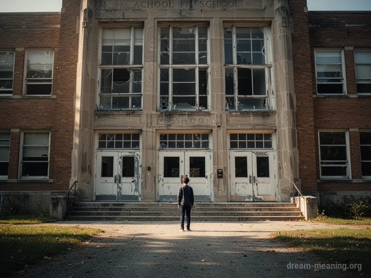 A person stands alone outside a closed school building.