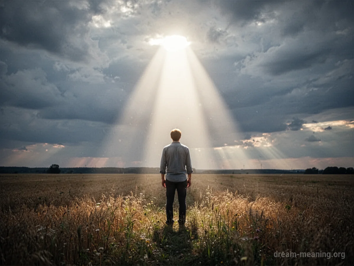 A person standing in a sunlit field with light rays descending from the sky.
