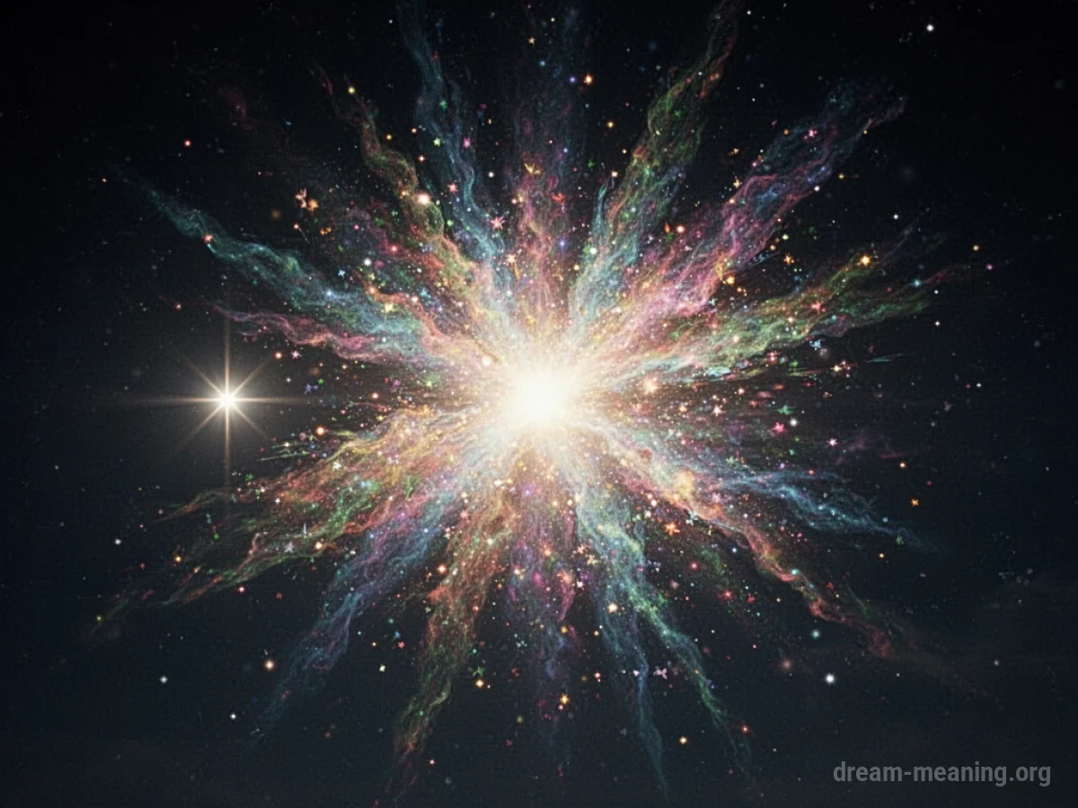 A star explodes in a vast, dark night sky.