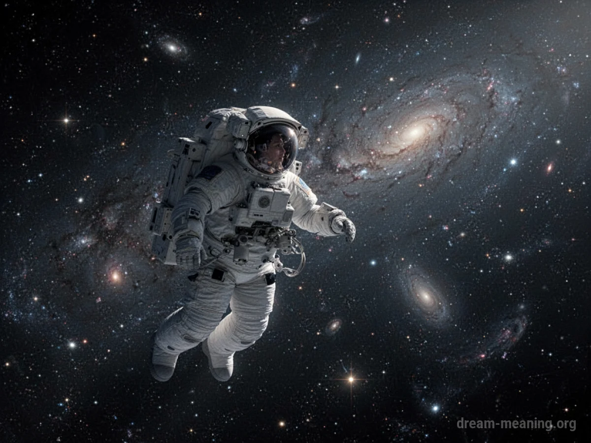 Astronaut floating in deep space with stars and nebulae visible.