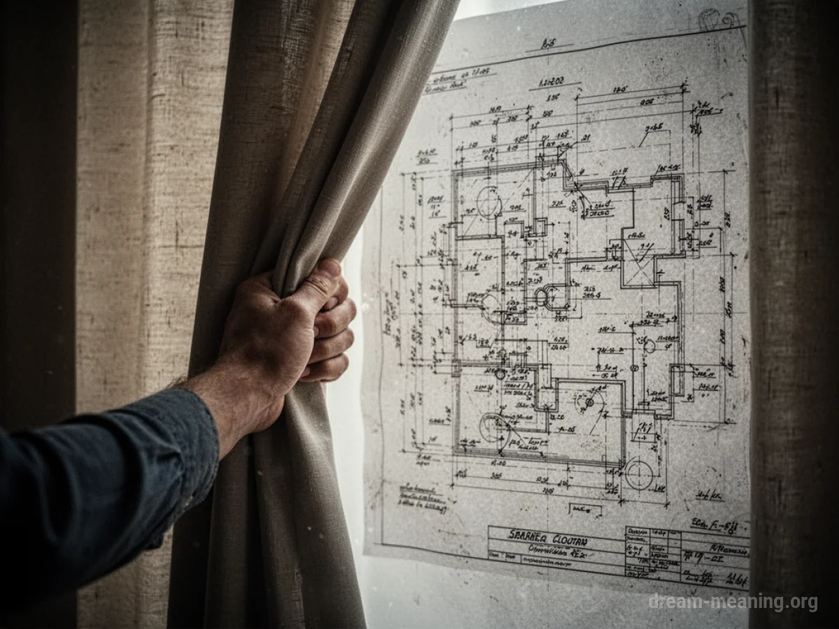 A hand pulling back a dark curtain to reveal a detailed blueprint.