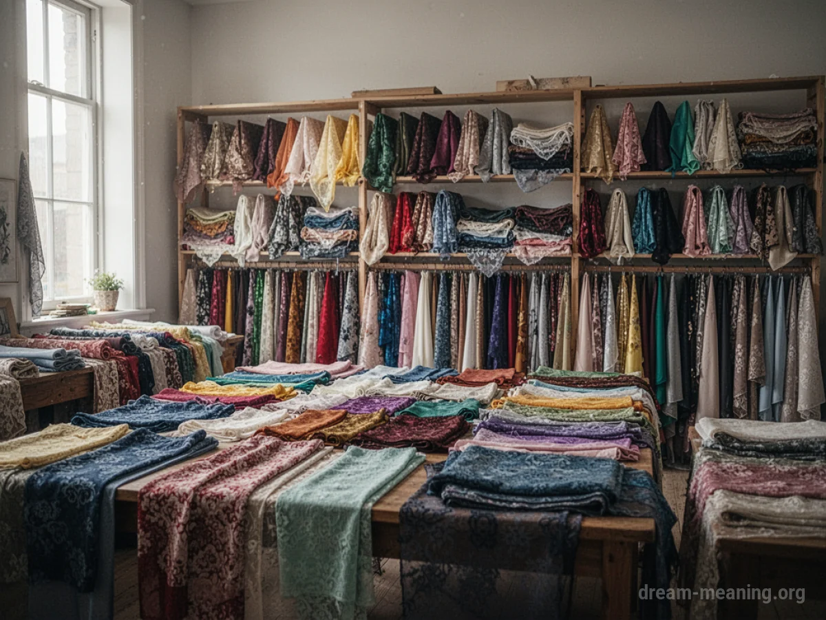Many colorful fabric swatches displayed in a room.