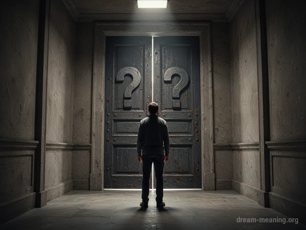 A person stands in a dark hallway facing a large door covered in question marks.