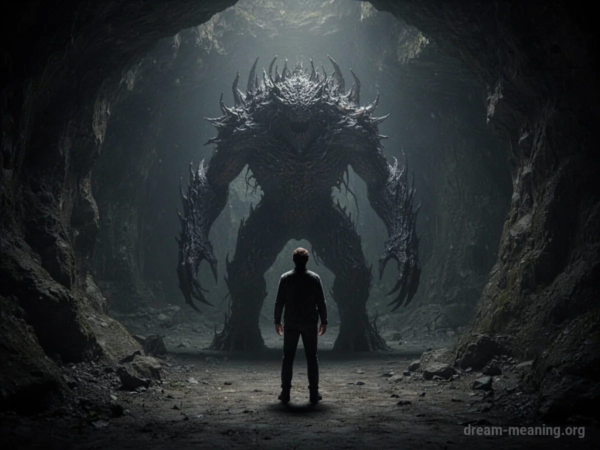 Silhouette of a person facing a large, dark, abstract shape.