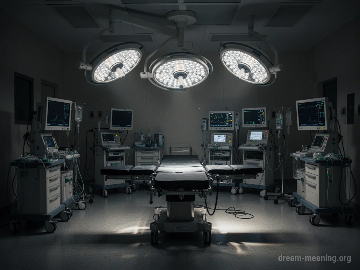 An empty operating room with surgical tools on a tray.