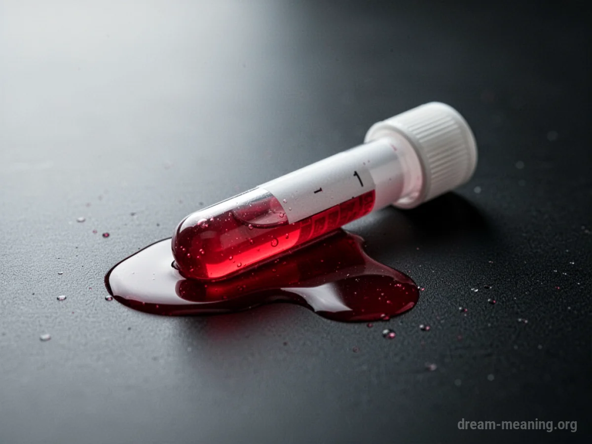 A test tube with red liquid spilling onto a dark surface.