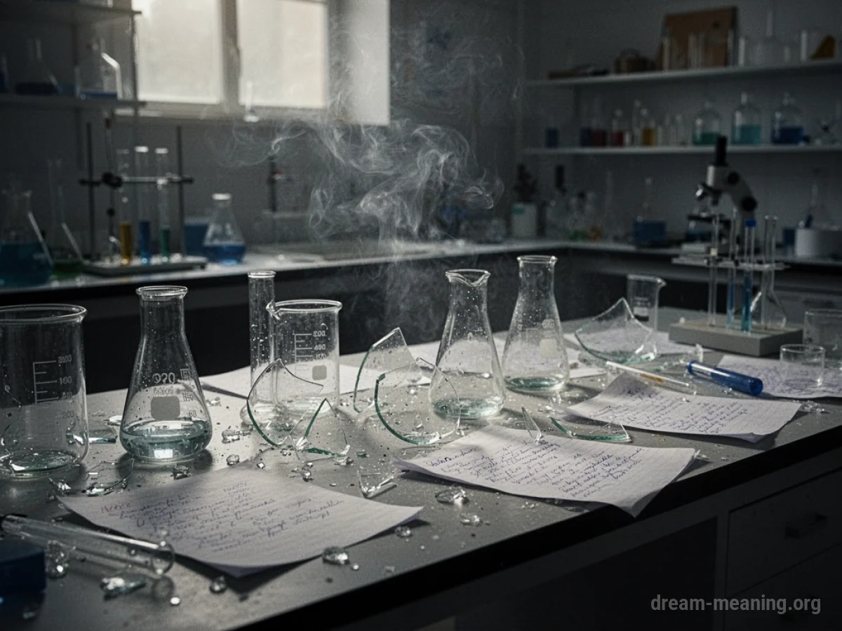 A messy laboratory workbench with broken glass and scattered papers.