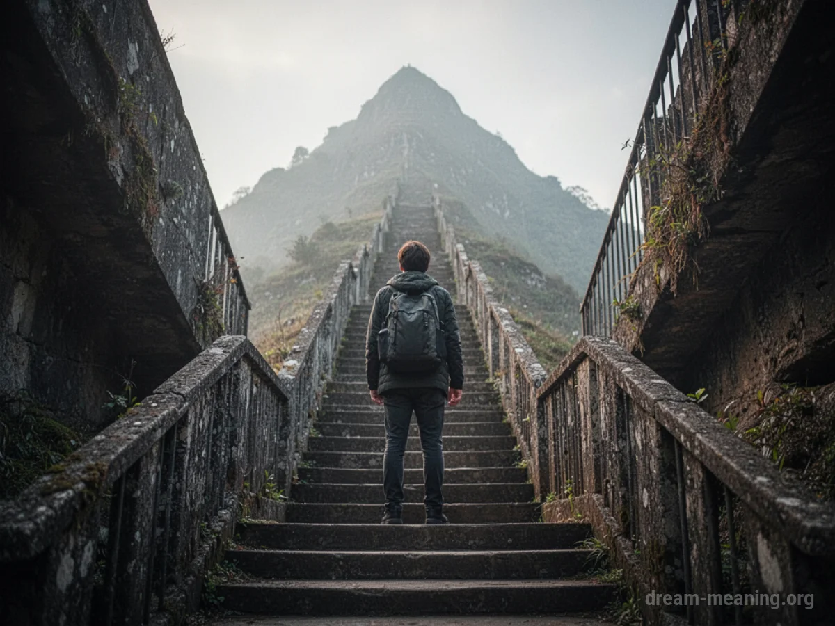 Silhouette of a person at the base of a long staircase leading upwards.