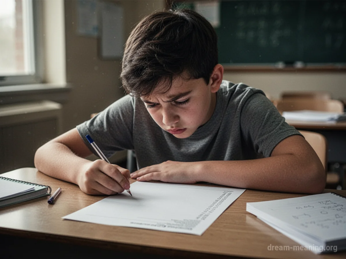A student sits at a desk with a blank test paper, head down.