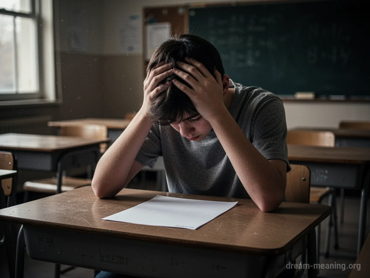 A student sits slumped over a desk with a test paper.