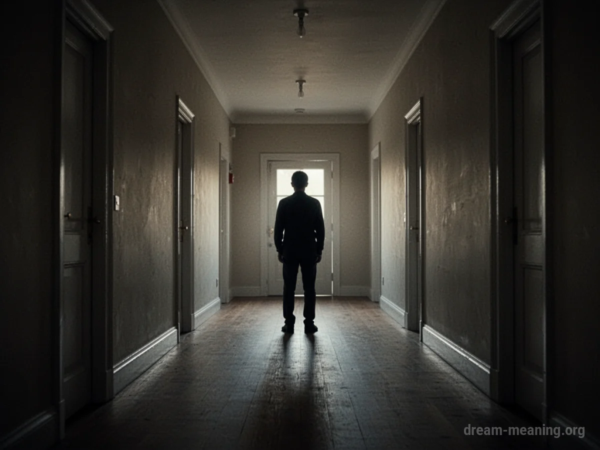 Silhouette of a person at the end of a dark hallway.