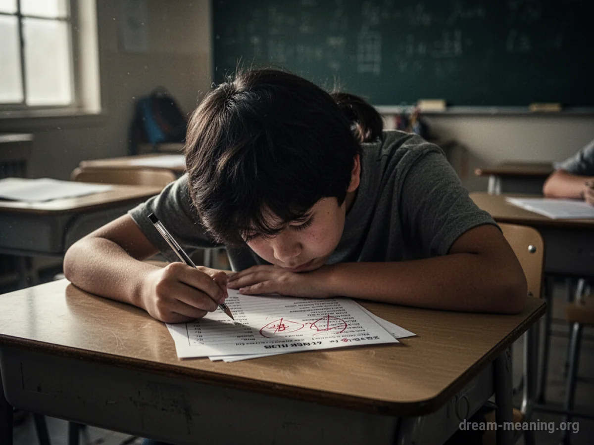 A student slumped over a desk looking at a test with a low score.