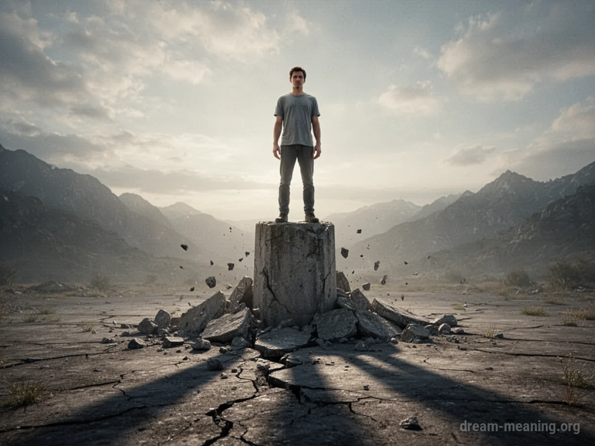 A figure on a crumbling pedestal.