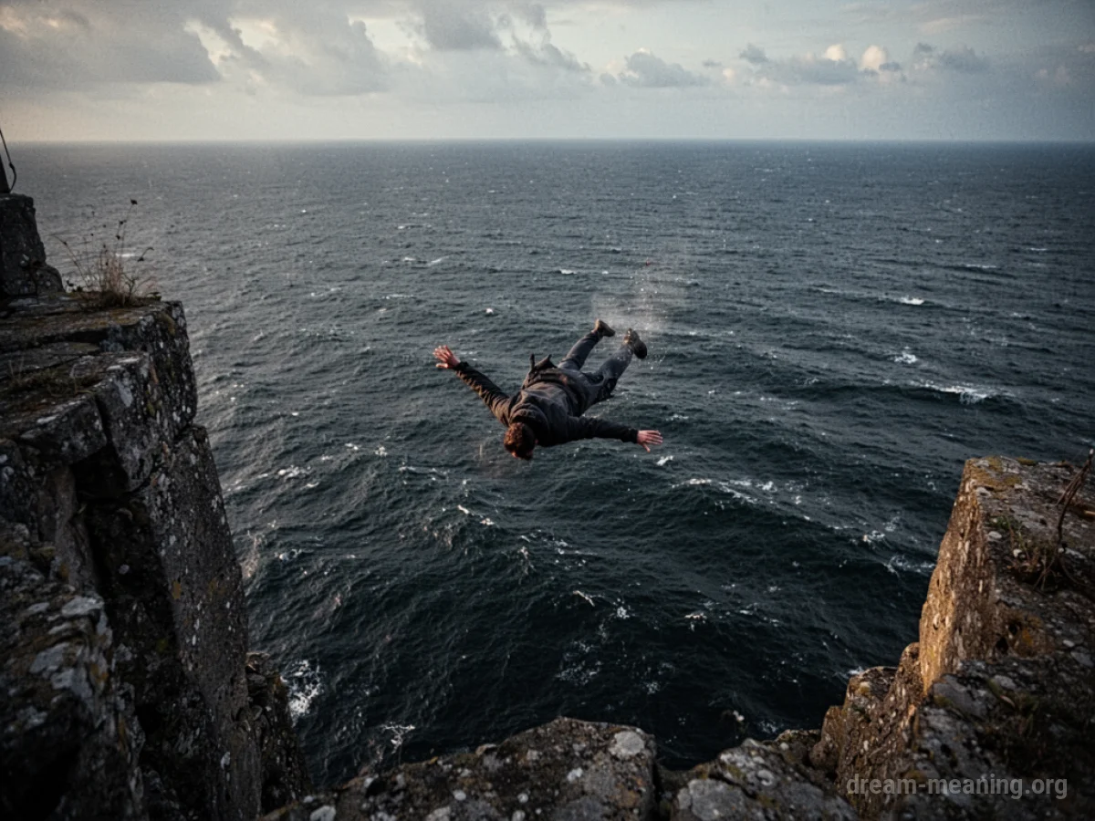 A silhouette falling from a cliff edge towards the ocean surface.