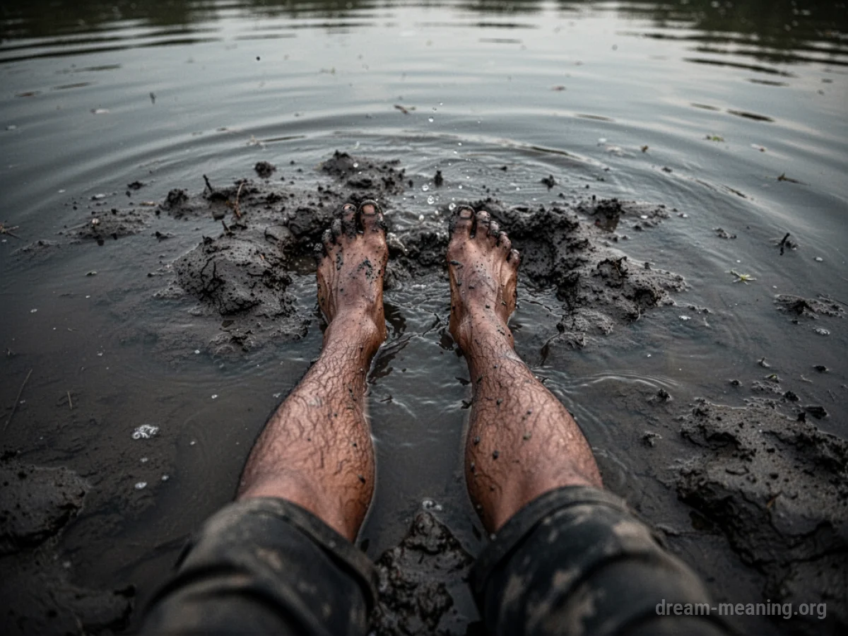 Legs sinking into dark swamp water and mud.