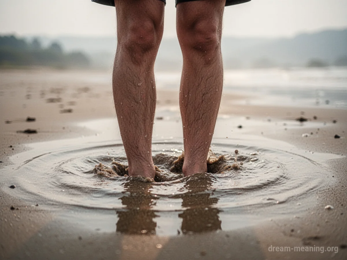 Legs sinking into soft sand.