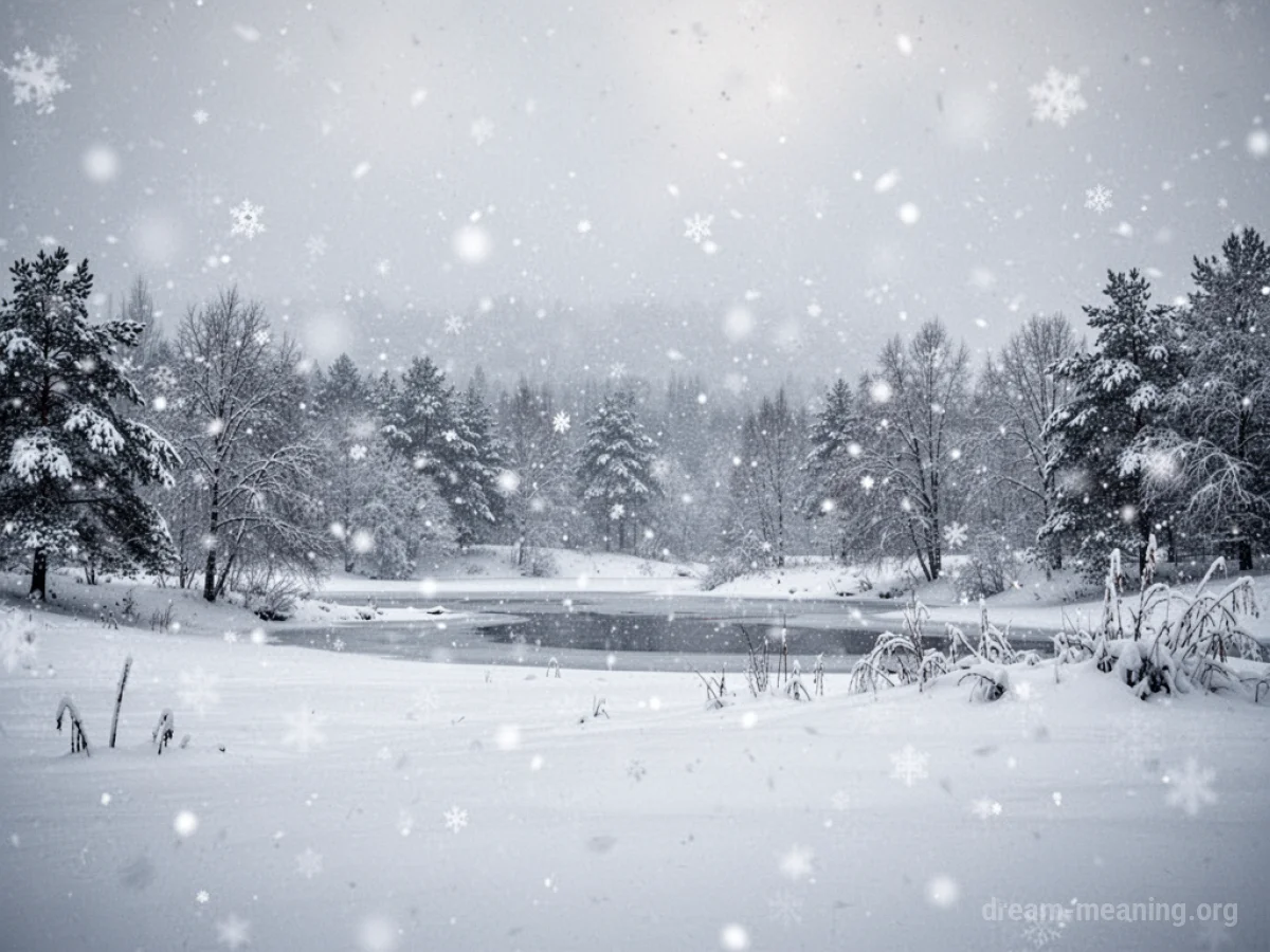 Snowflakes gently falling onto a landscape covered in snow.