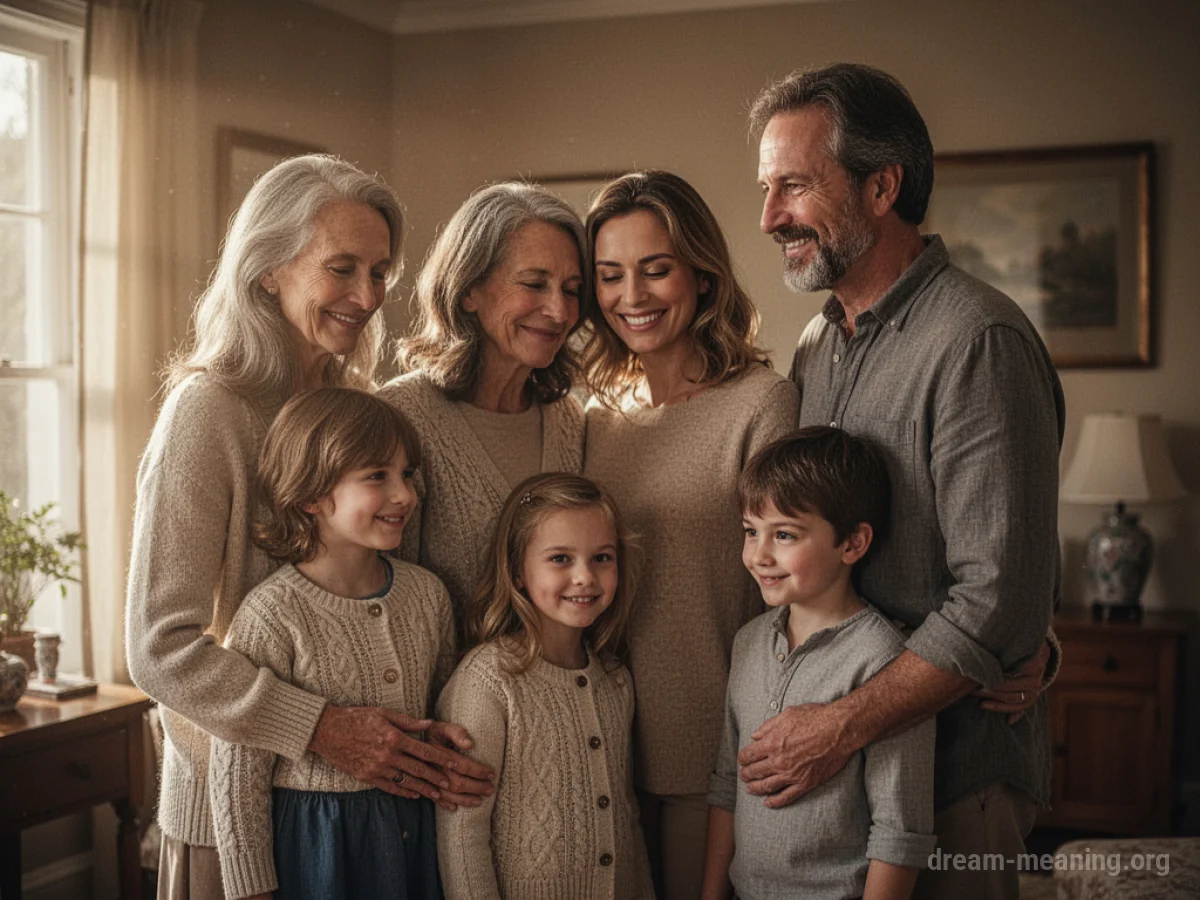 A family group standing closely together.