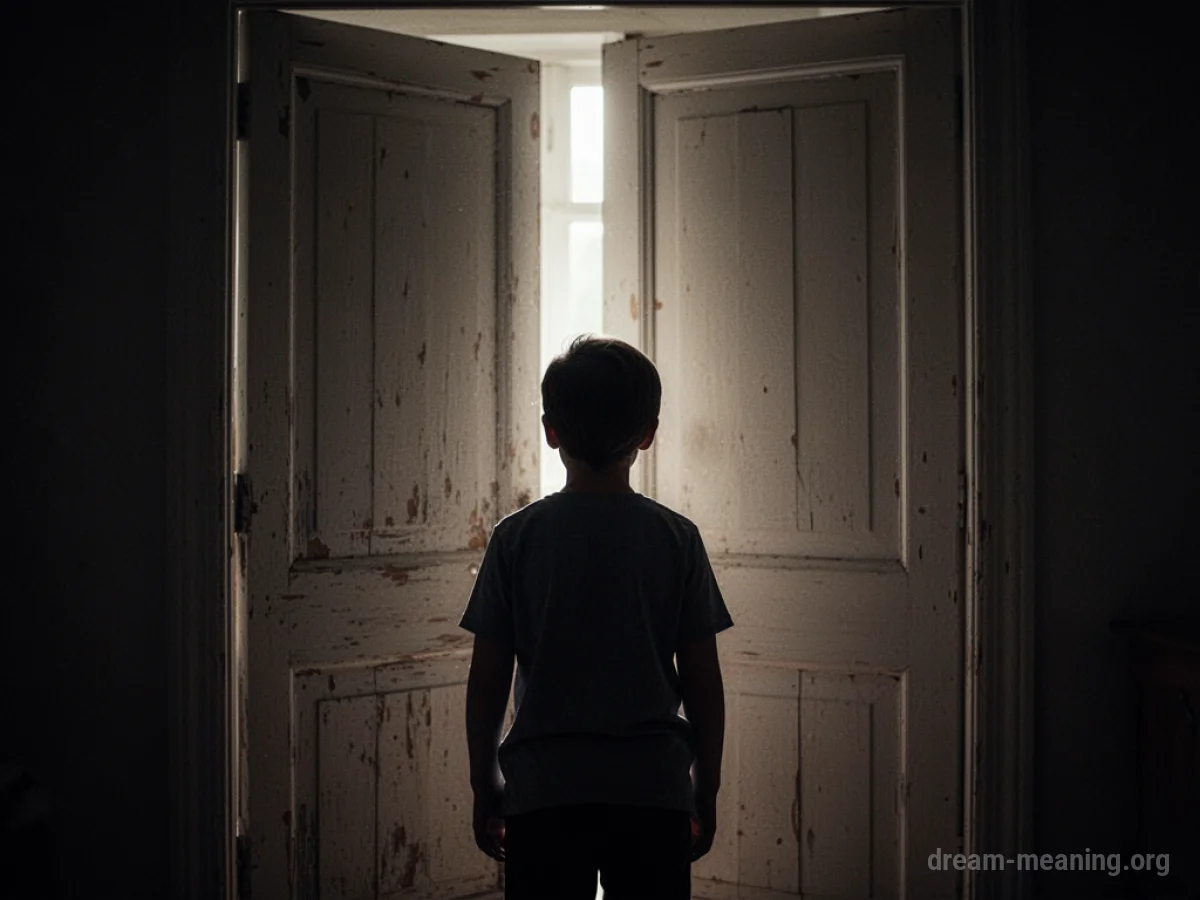 Silhouette of a person standing before a slightly ajar door.
