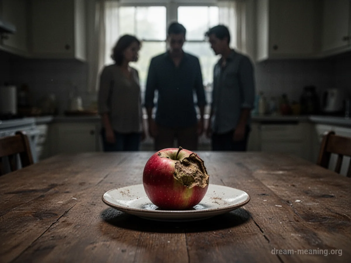 An empty kitchen table with a single apple and a blurred family silhouette in the background.