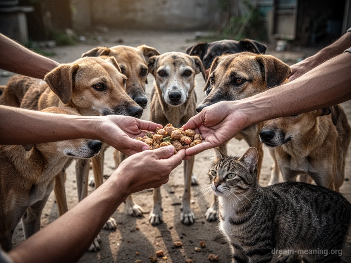 Hands offering food to a group of thin dogs and cats.