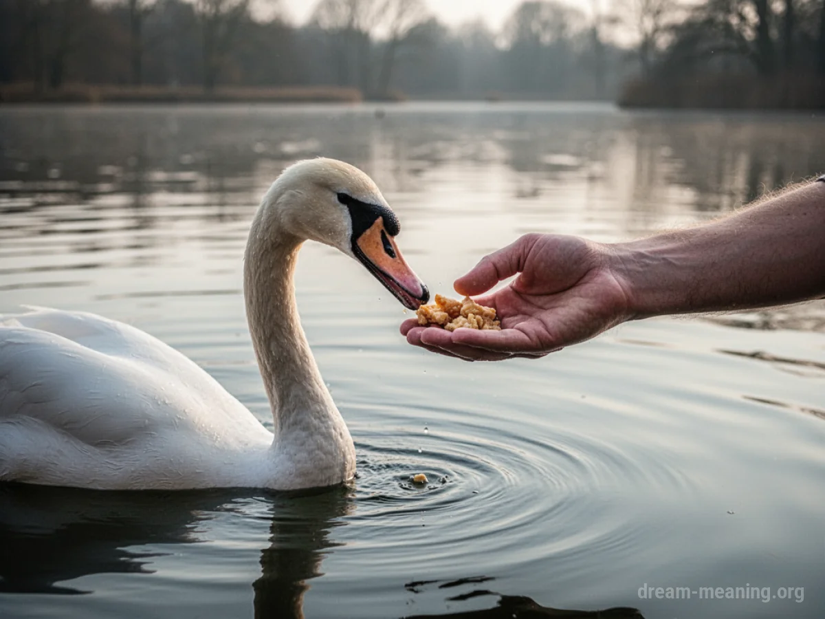A person's hand holding bread over the water towards a swan.
