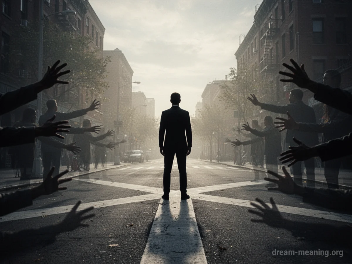 Silhouette of a person at a crossroads with shadowy figures around them.