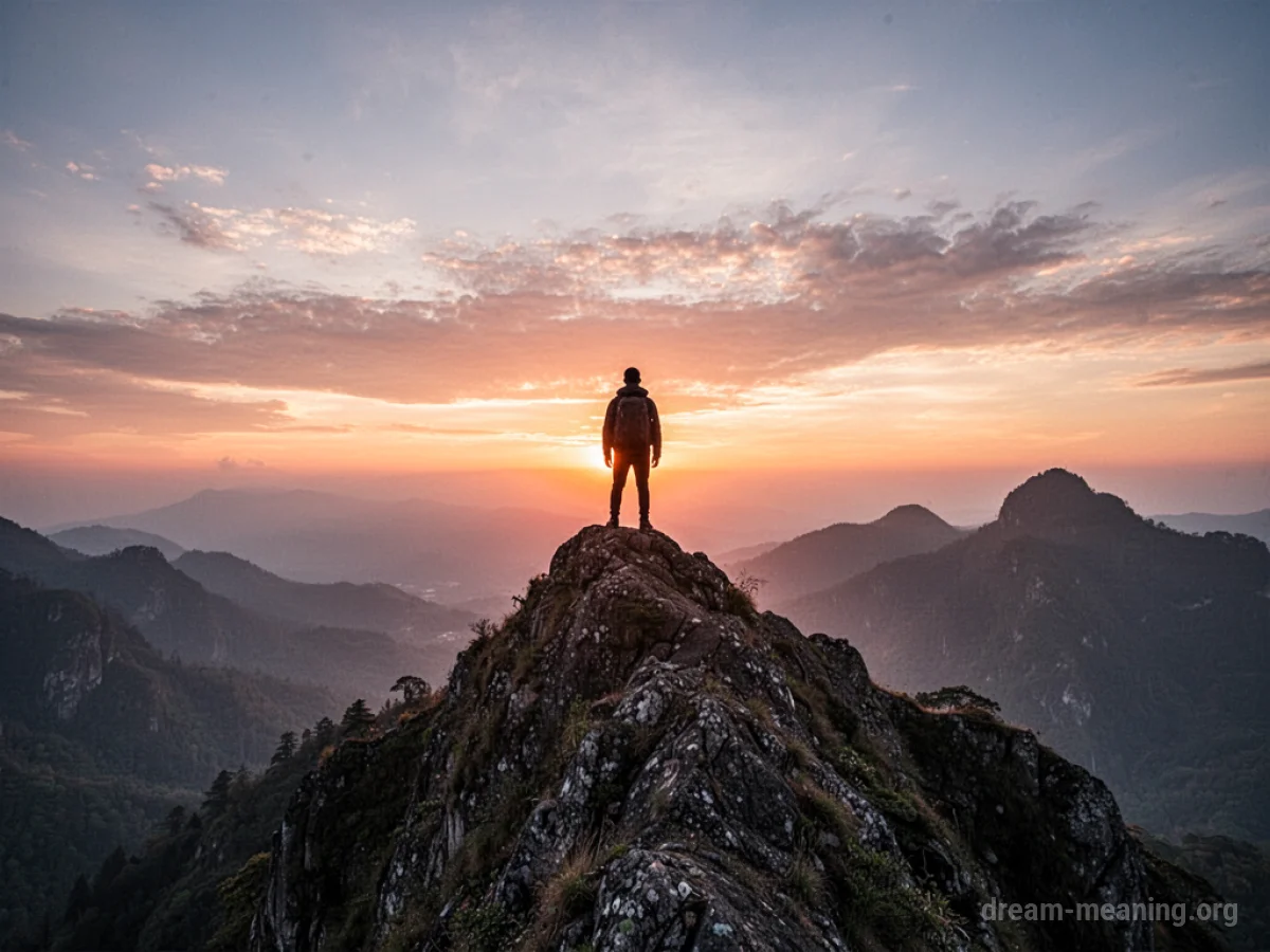 Silhouette of a person on a mountain peak at sunrise.