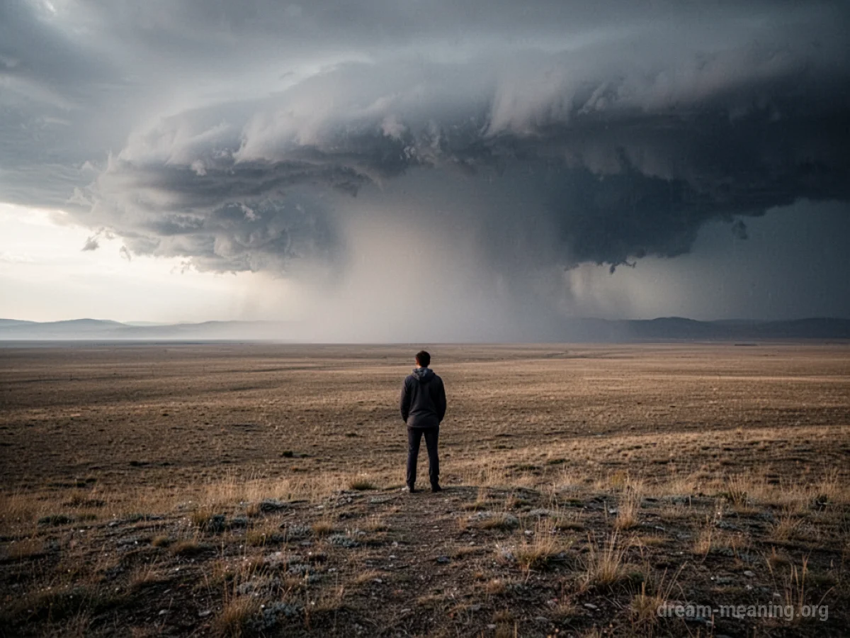 A solitary person stands on a desolate plain facing a distant storm.