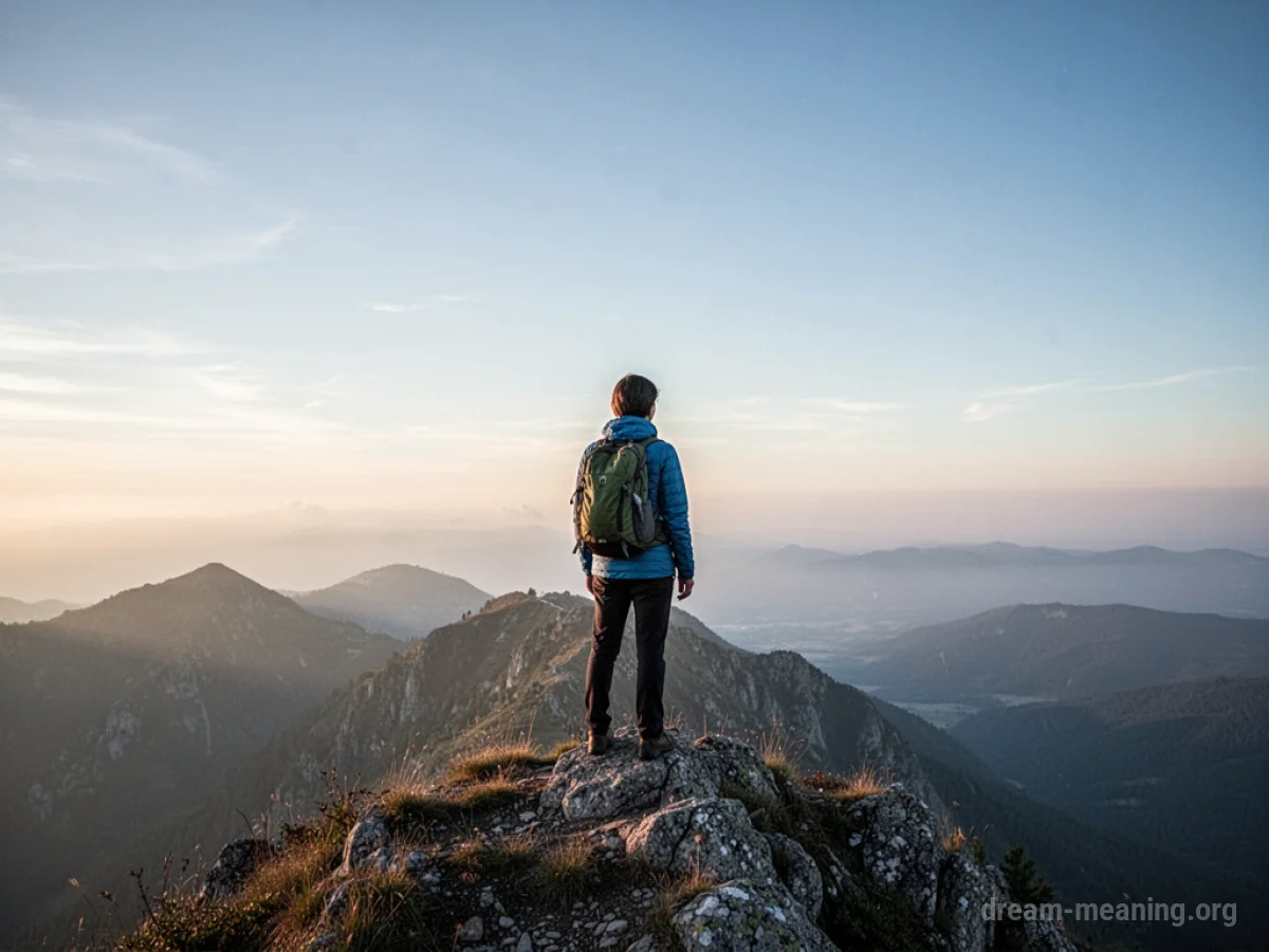 A person standing on a mountaintop with the sun rising.