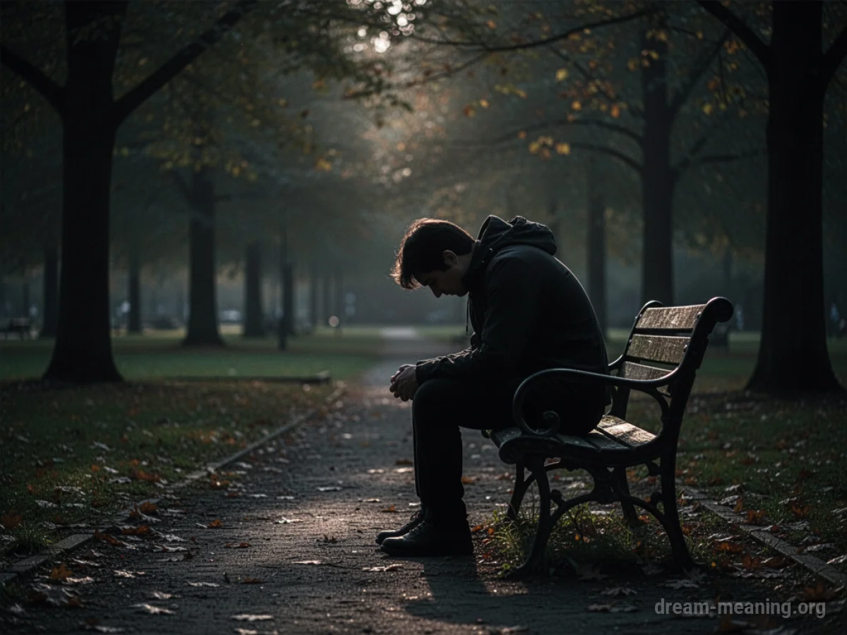 Silhouette of a person sitting alone on a park bench with their head down.