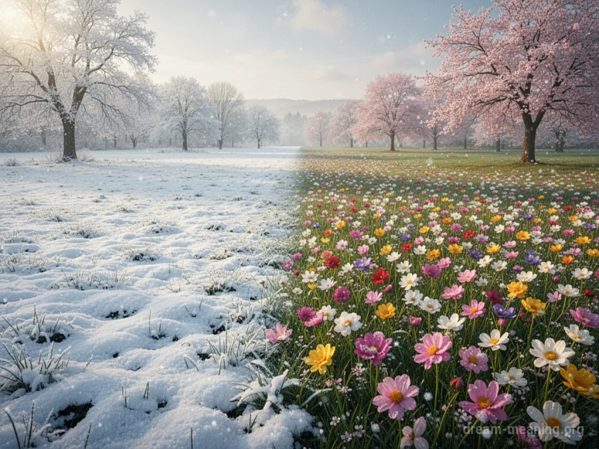 A landscape divided, showing winter snow on one side and spring flowers on the other.