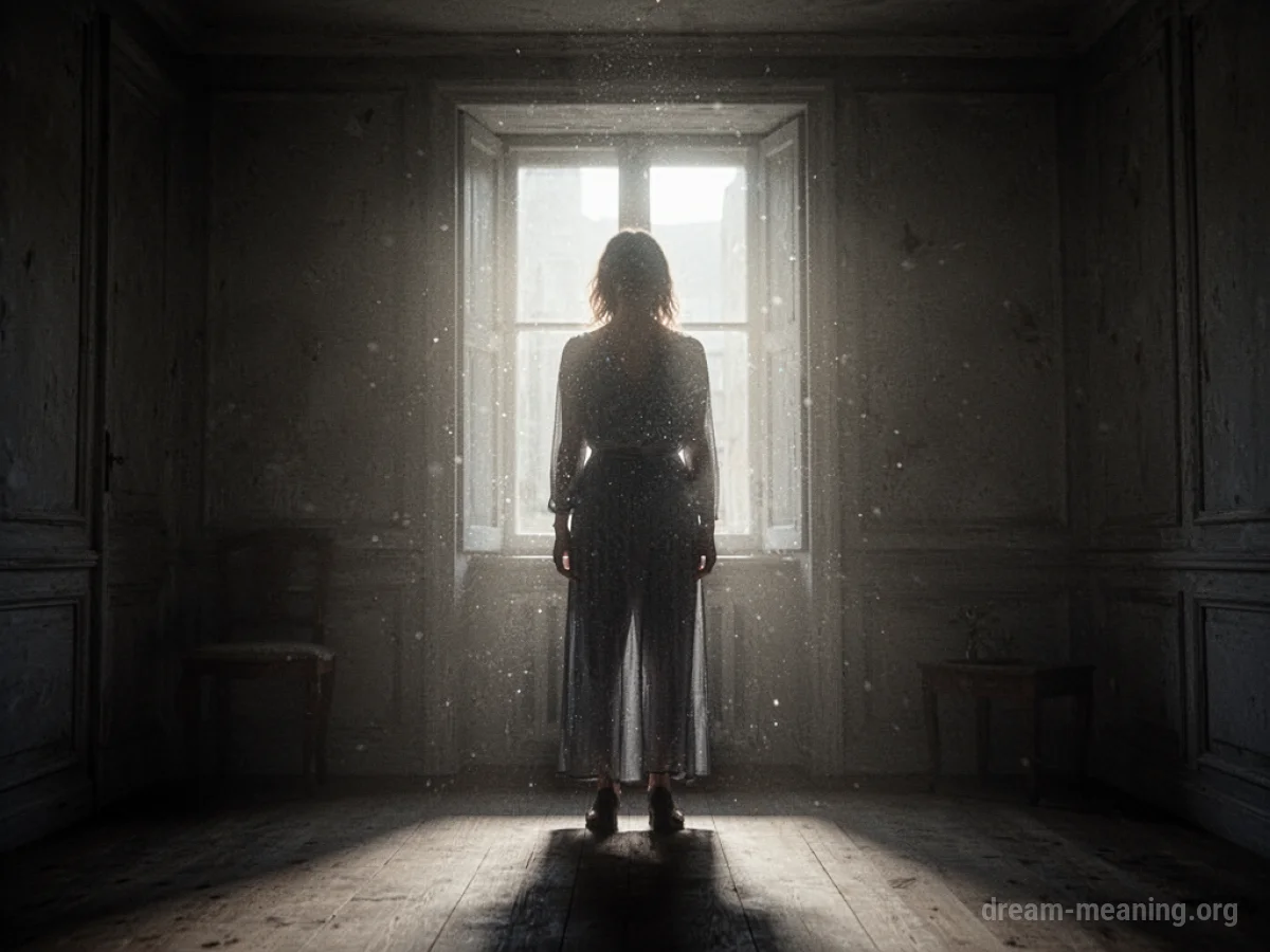 A translucent figure stands in a dimly lit room.