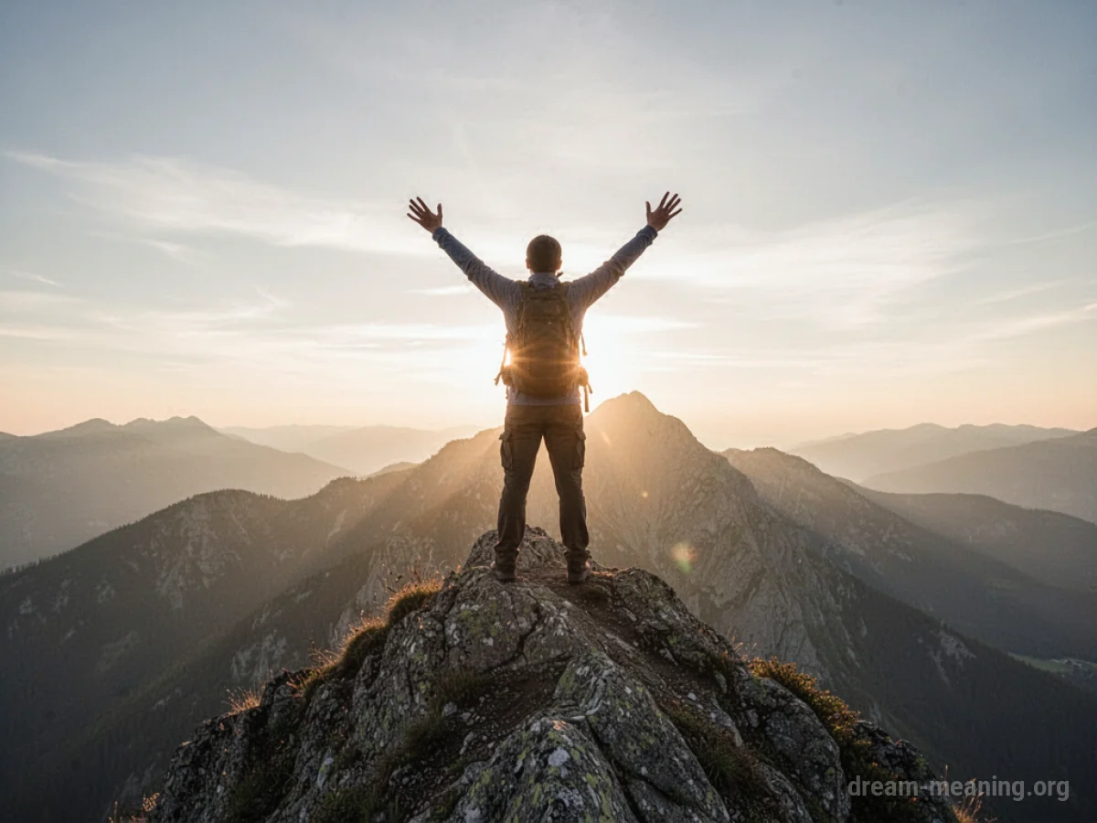 Silhouette of a person on a mountain peak with arms raised.