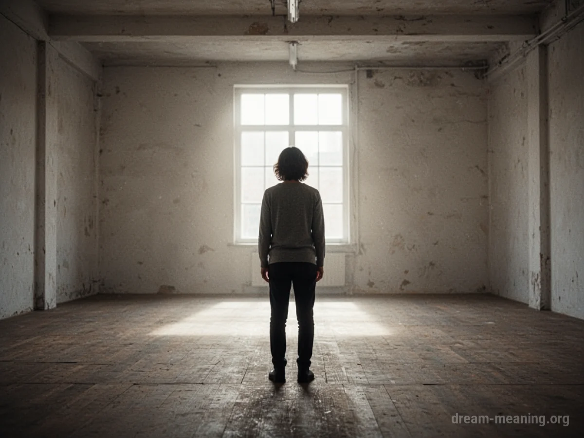 Silhouette of a person standing alone in a large, empty room.