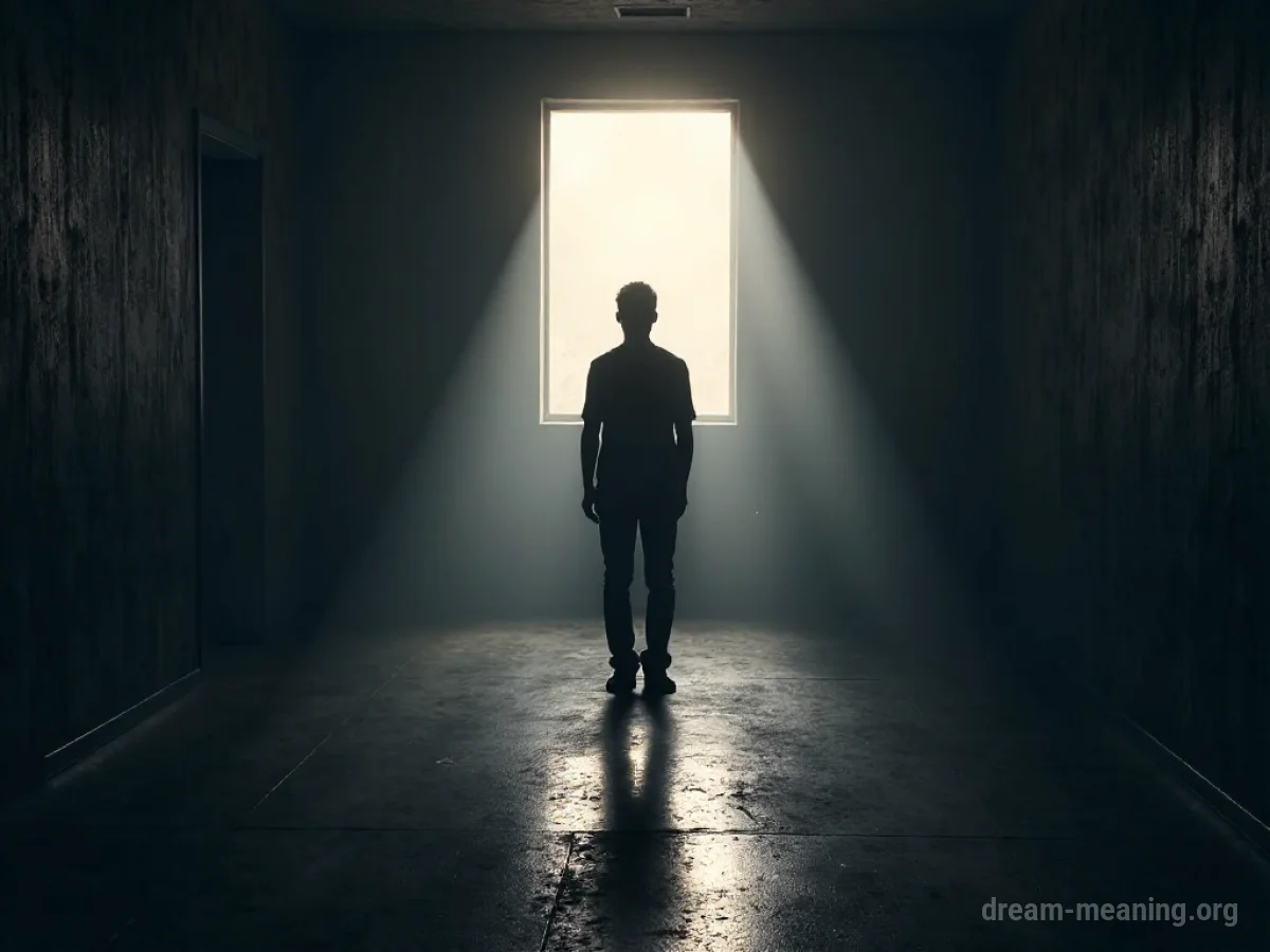 A silhouette of a person standing in a dark room with shadows in the background.