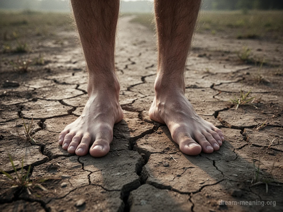 Feet firmly planted on dry, cracked ground.