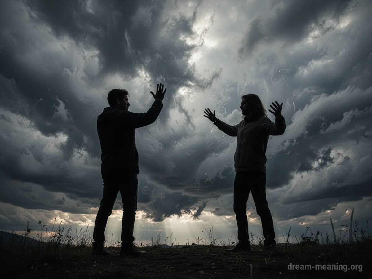 Silhouettes of two people facing each other with one figure defensively raising an arm.