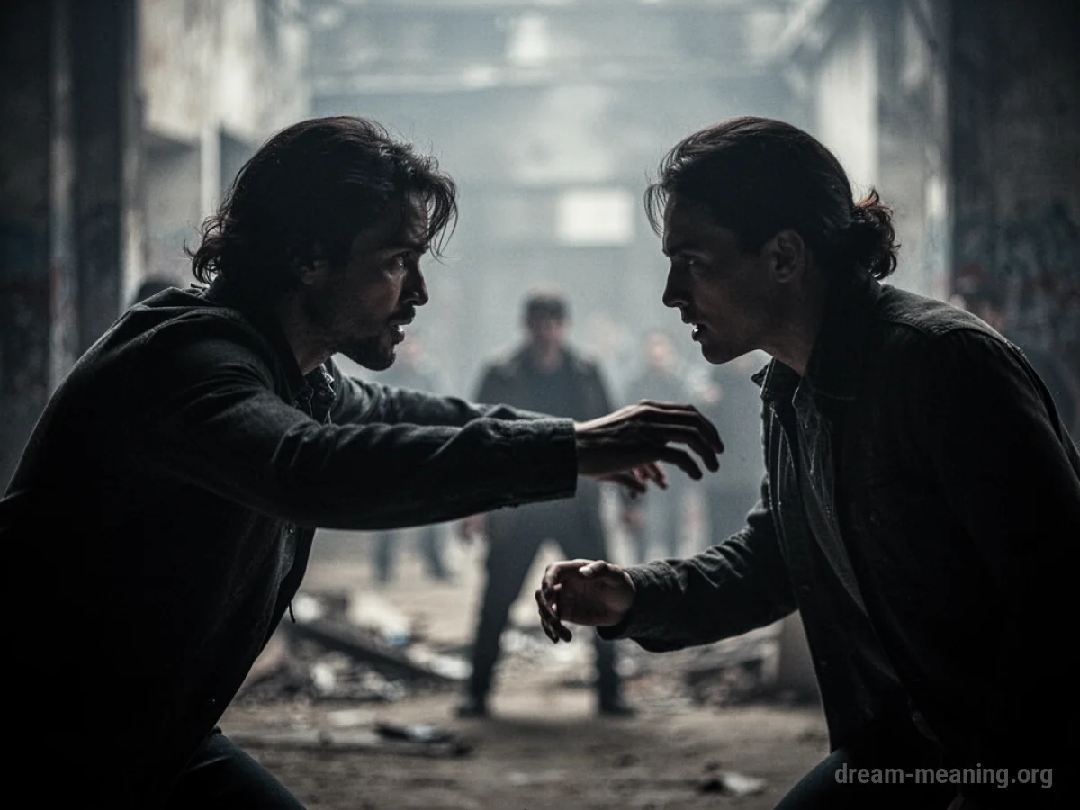 Two indistinct figures facing each other in a confrontation.