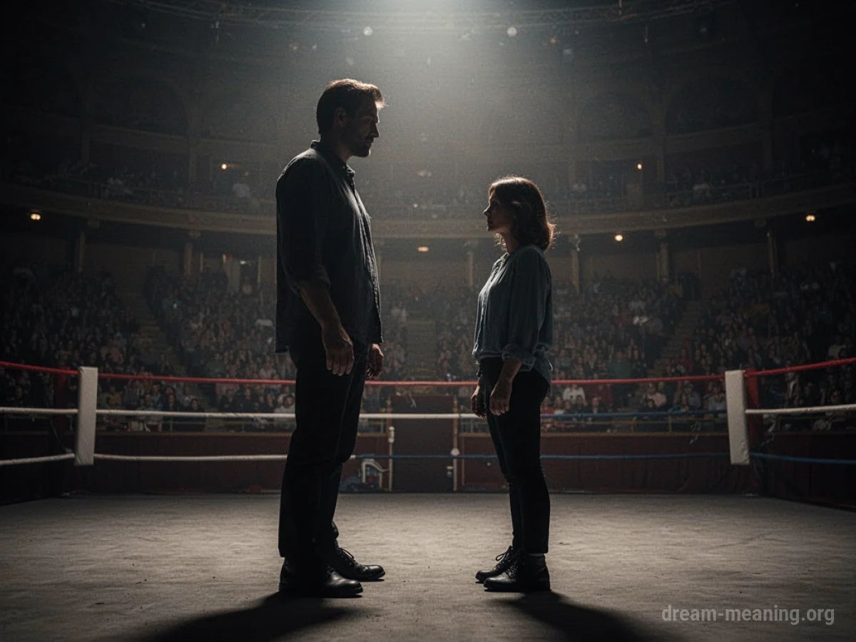 Two silhouetted figures facing each other in an arena.