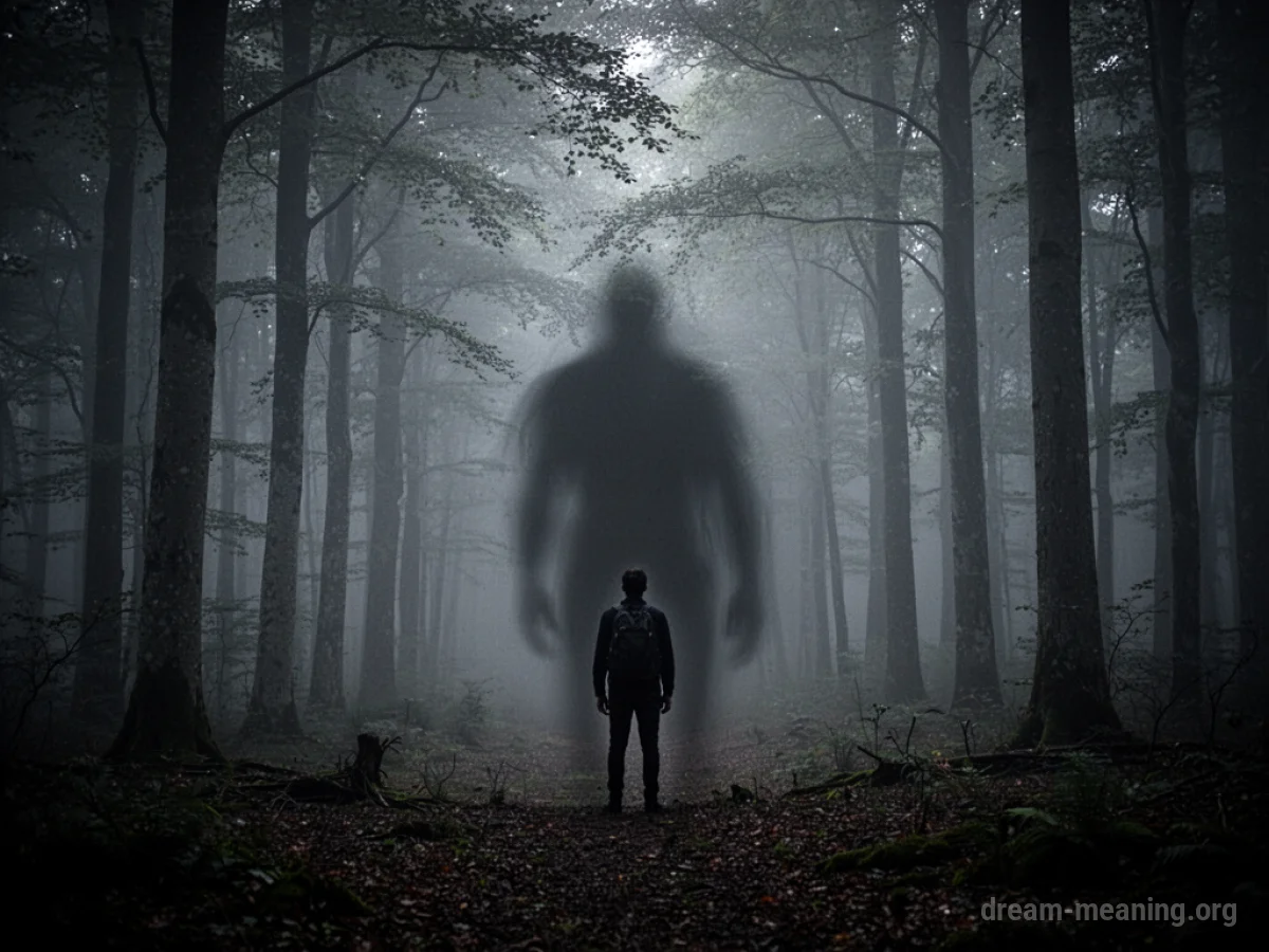 Silhouette facing a shadowy figure in a dark forest.