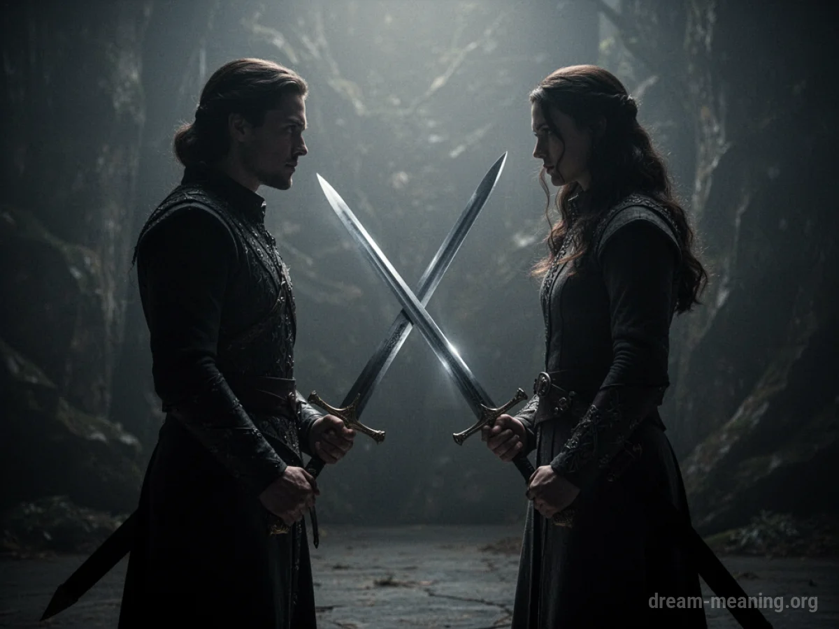 Two silhouetted figures holding swords facing each other.